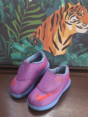 Nike KD Kids Purple Slip-On Sneakers with Orange Swoosh and Light Blue Sole